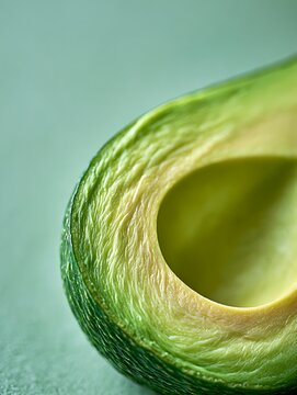Close-up of Fresh Sliced Avocado Half with Seed Hole on Pale Green Background