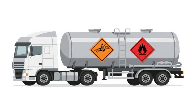 Tanker truck on the road showing hazard symbols indicating flammable and explosive materials for safety compliance