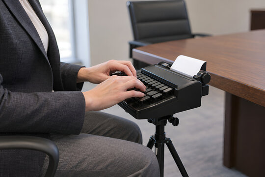 Professional Court Reporter Operating a Stenotype Machine During a Legal Deposition