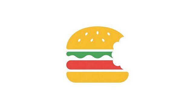 Simple flat vector icon of a bitten hamburger with yellow bun green lettuce and red meat patty illustrating delicious fast food snack meal for restaurant menu design and web graphics