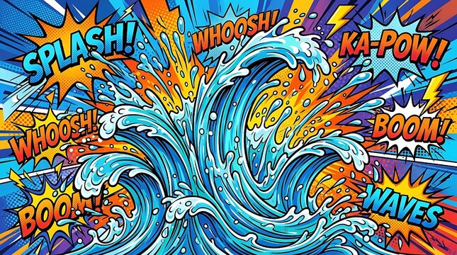 Dynamic water splash with cartoon waves and drops, comic book vector background with abstract