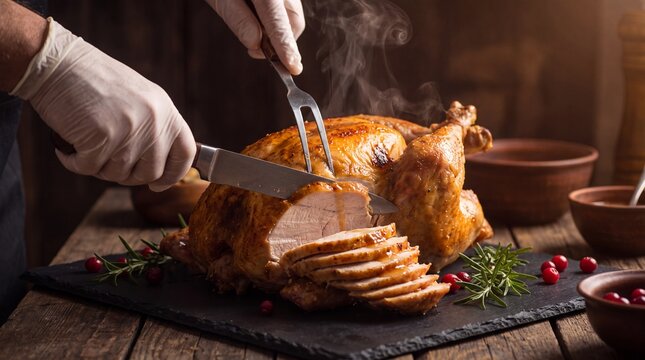 culinary artistry, golden turkey is expertly carved on a sleek black platter with herbs