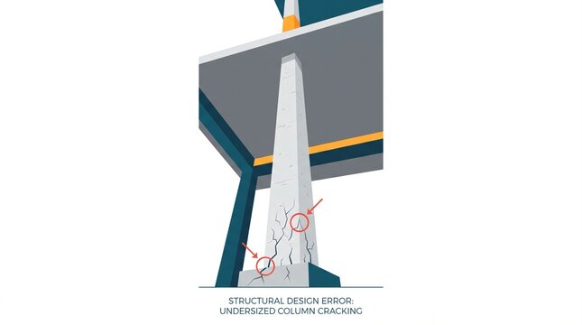 Illustration of a structural column with cracks at its base, highlighting undersized column cracking due to design errors.