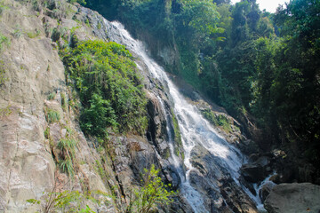 Tropical jungle waterfall in Thailand surrounded by lush green rainforest, moss-covered rocks, dense vegetation, and flowing water. The natural cascade creates a peaceful and refreshing scene © Yuliia