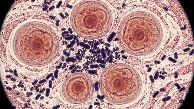 Autoimmune activity affecting thyroid gland tissue, showing immune cells infiltrating the spaces between thyroid follicles and interacting with thyroid tissue