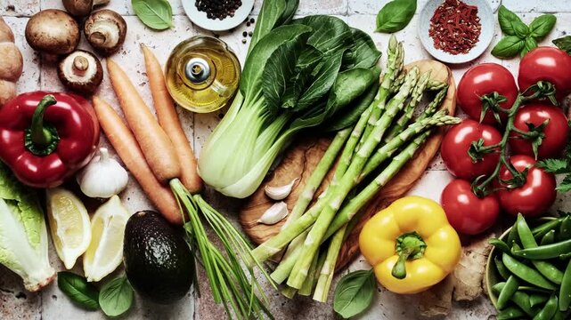 Flat Lay Fresh Vegetables and Spices Table Setup. Top View Background of Fresh Organic Vegetables Asparagus Tomatoes Peppers and Olive Oil on Light Table 4K