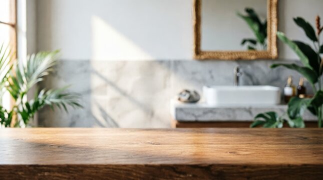 Wooden Table With Blurred Bathroom Background And Plants For Interior Design