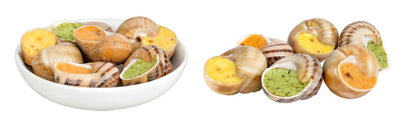 escargot snail filled with different fillings in ceramic bowl isolated on white background © kolesnikovserg