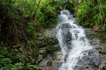 Tropical jungle waterfall in Thailand surrounded by lush green rainforest, moss-covered rocks, dense vegetation, and flowing water. The natural cascade creates a peaceful and refreshing scene © Yuliia