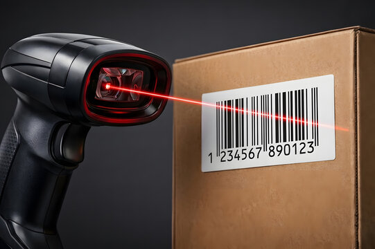 Black handheld barcode scanner emitting a red laser beam onto a label on a brown cardboard box