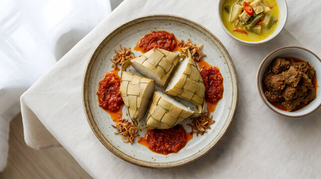 Sliced ketupat rice cakes served with spicy red sambal chili paste and beef rendang