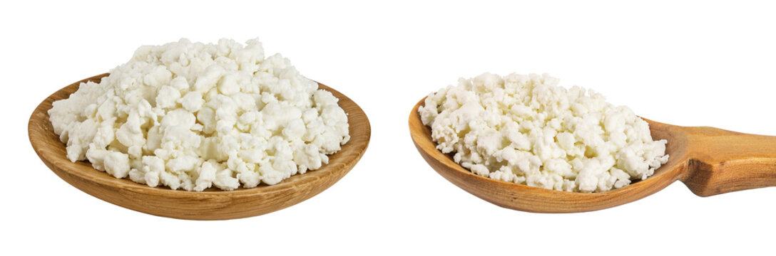 Cottage Cheese, Curd in wooden bowl and spoon isolated on white background with full depth of field