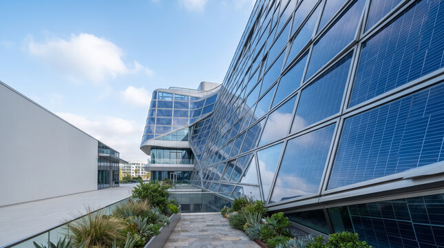 Modern glass office building features integrated solar panels and sustainable gardens.