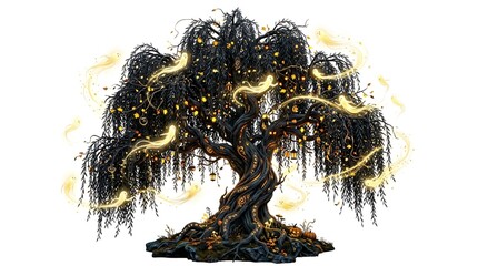 Obraz premium Majestic dark willow tree with glowing golden lights and swirling magical energy trails isolated against a clean white background