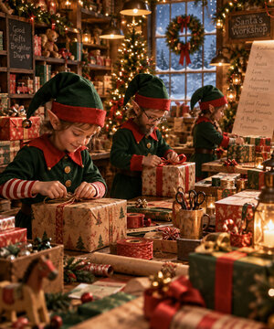 Cheerful Christmas elves wrapping colorful presents in a cozy holiday workshop filled with decorations, lights and festive details.