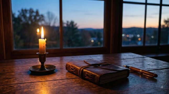 Lit candle, leather journal and pen on a wooden desk at dusk