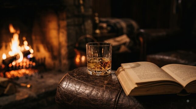 Glass of whisky and an open book on a leather armrest by firelight