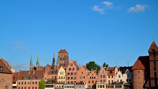 Panning view of the Gdansk historic old town waterfront