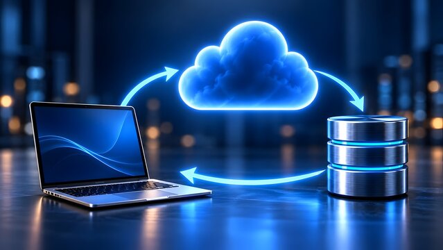 Hybrid cloud computing architecture synchronizing digital data between laptop computer and database server