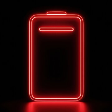 A low battery icon shines in bright red neon light. It stands out on a black background, signaling low power. The glow warns of battery status.