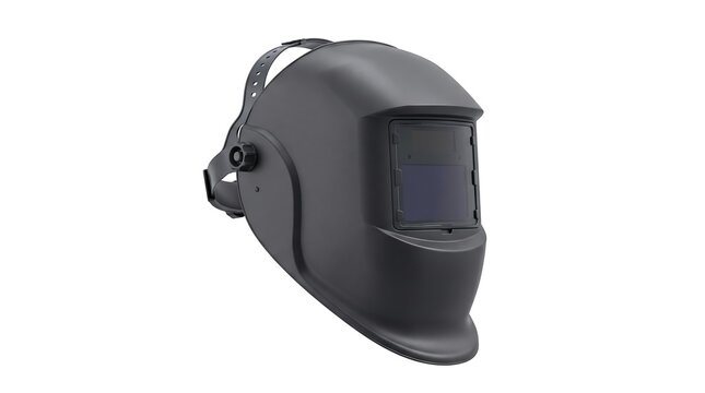A professional black welding helmet isolated on a white background for industrial safety and metal fabrication work protection