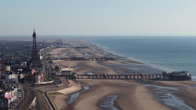 Aerial Blackpool Tower above low tide beach