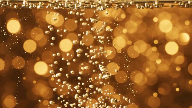 Golden Bubbles Rising Through Amber Liquid Texture.