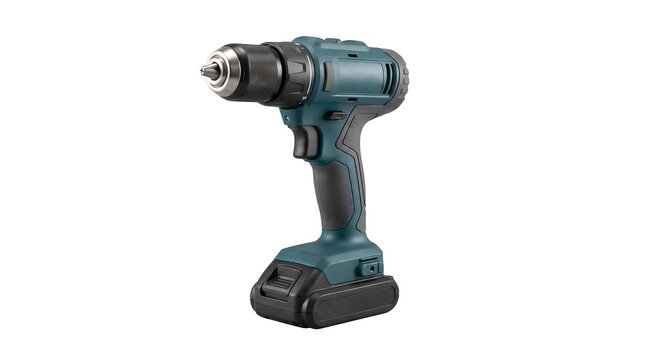 A modern cordless electric drill driver isolated on a white background for home improvement and construction work projects