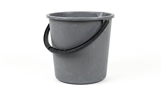 A simple grey plastic bucket with a black handle isolated on a clean white background for household cleaning