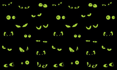 Eerie black background filled with glowing green monster eyes in various shapes and sizes for halloween horror designs. © OFFDESIGN
