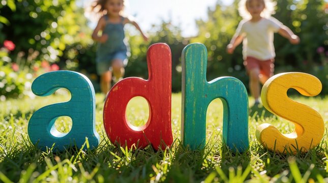 Colorful wooden letters spelling adhs sit on green grass with children playing blurrily in background. Concept adhd child support, occupational therapy, attention deficit disorder awareness,