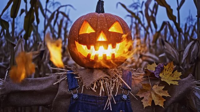 Spooky pumpkin head scarecrow in dark autumn cornfield background for halloween.