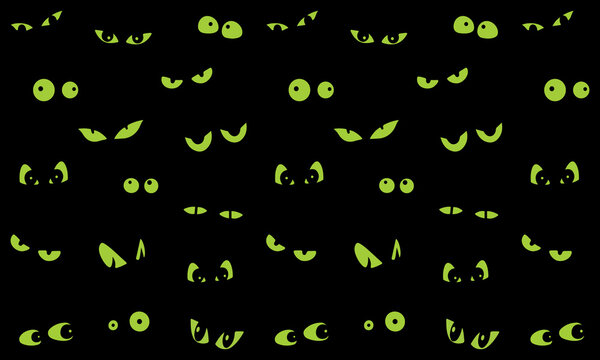 Eerie black background filled with glowing green monster eyes in various shapes and sizes for halloween horror designs.