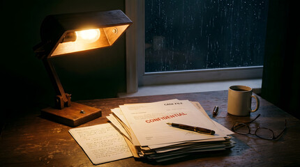 Fototapeta premium A stack of confidential case files on a wooden desk with a lamp and coffee cup at night