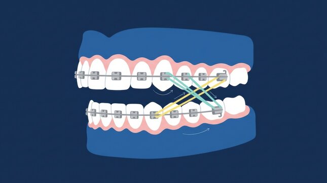Educational illustration of dental braces with intermaxillary elastics on human teeth model
