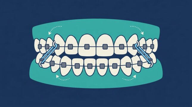 Dental illustration showing orthodontic braces with elastic bands on human teeth for alignment