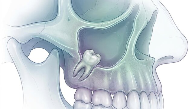 Medical illustration of a human skull showing an impacted wisdom tooth near the sinus cavity