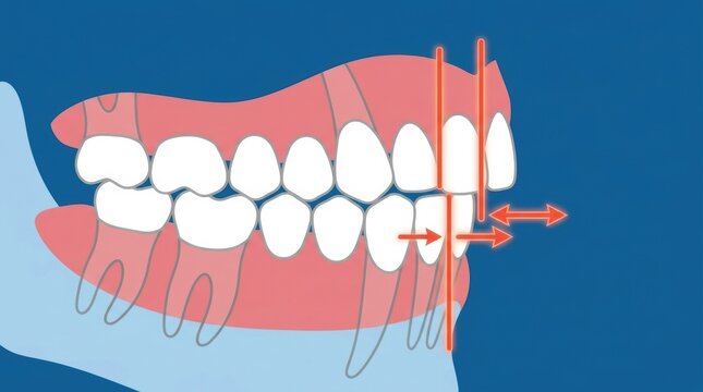Dental illustration showing an overjet malocclusion with measurement lines and directional arrows
