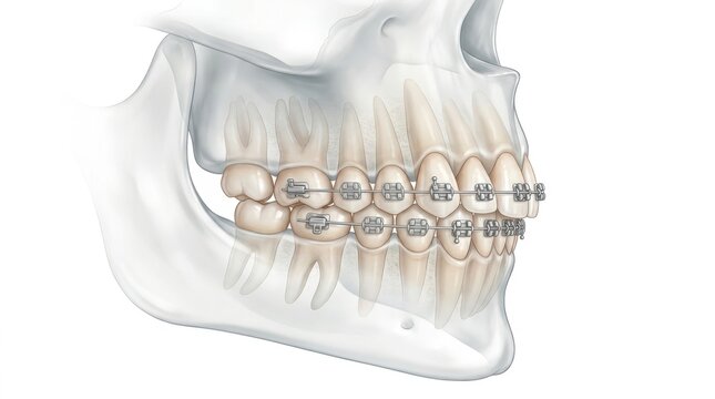 Medical illustration of human teeth with metal braces showing orthodontic treatment alignment