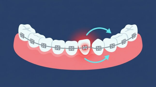 Dental illustration showing orthodontic teeth alignment with braces and movement arrows