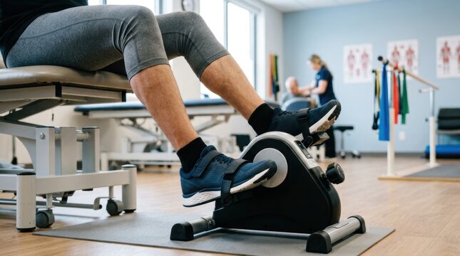Patient using a pedal exerciser for physical therapy rehabilitation in a clinical medical setting