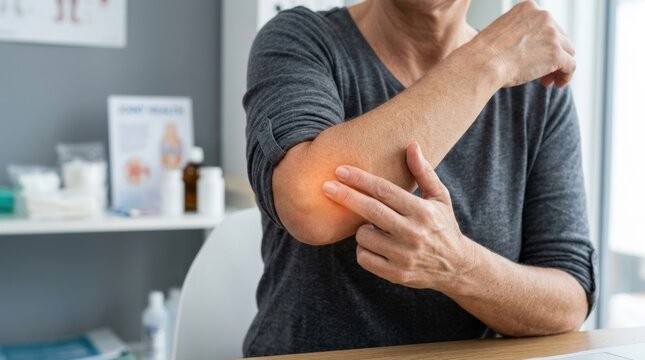Person touching their painful elbow with a glowing orange highlight indicating joint discomfort