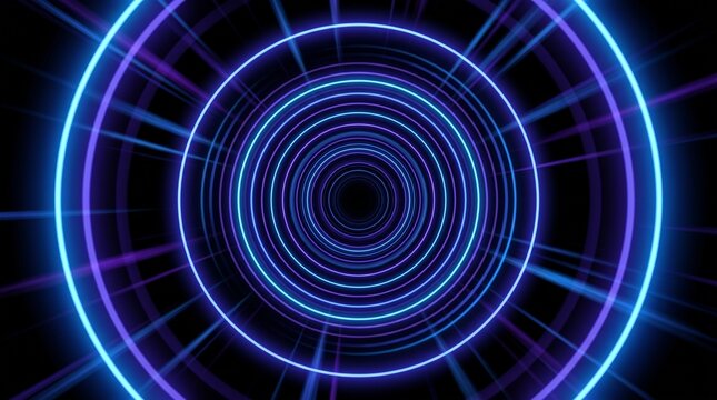 Concentric neon rings tunnel in blue and violet on black background, abstract warp speed motion, futuristic digital art