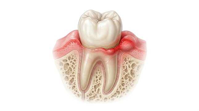 Medical illustration of a molar tooth showing periodontal disease and inflamed gum tissue