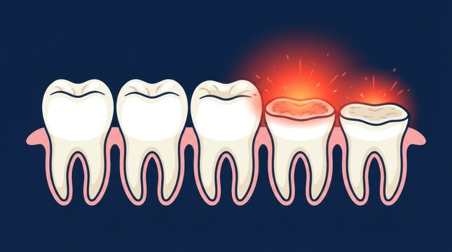 Educational illustration of dental decay and tooth sensitivity in a row of human molar teeth