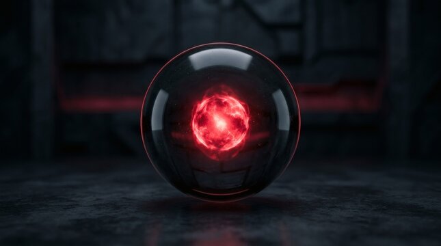 Futuristic energy orb with glowing red core inside transparent glass sphere on dark industrial background.