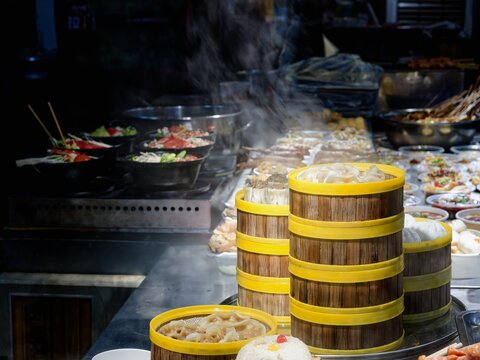 DIm sum Basket steamer Chinese street food Hot bun Restaurant kitchen