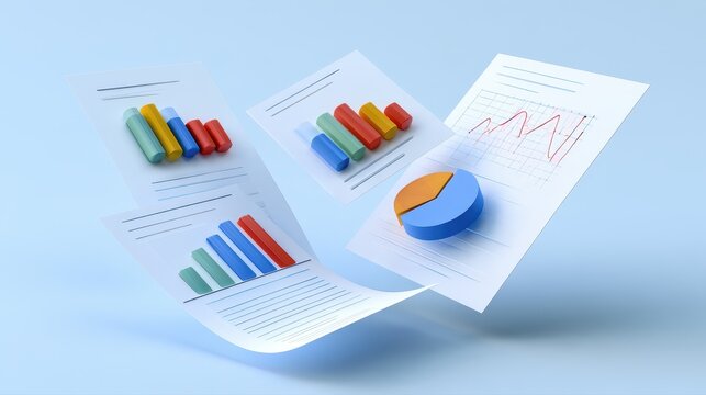 Business metrics concept, floating report sheets with colorful columns, pie chart and trend graph, clean 3D illustration. 