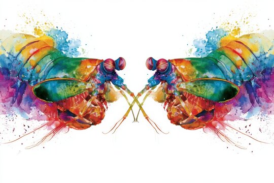 Two peacock mantis shrimp face each other in vibrant watercolor against a white background.