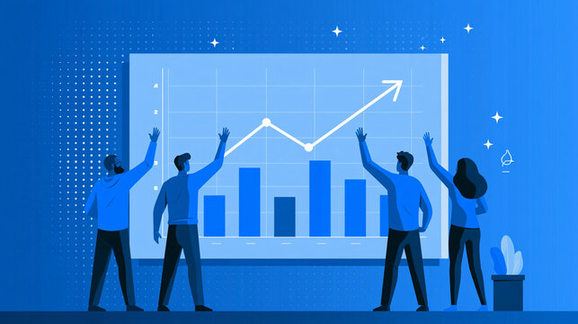 Blue business growth chart with rising bar graph and upward trend line arrow, two people raising their arms in celebration, flat vector illustration of financial success, profit and achievement